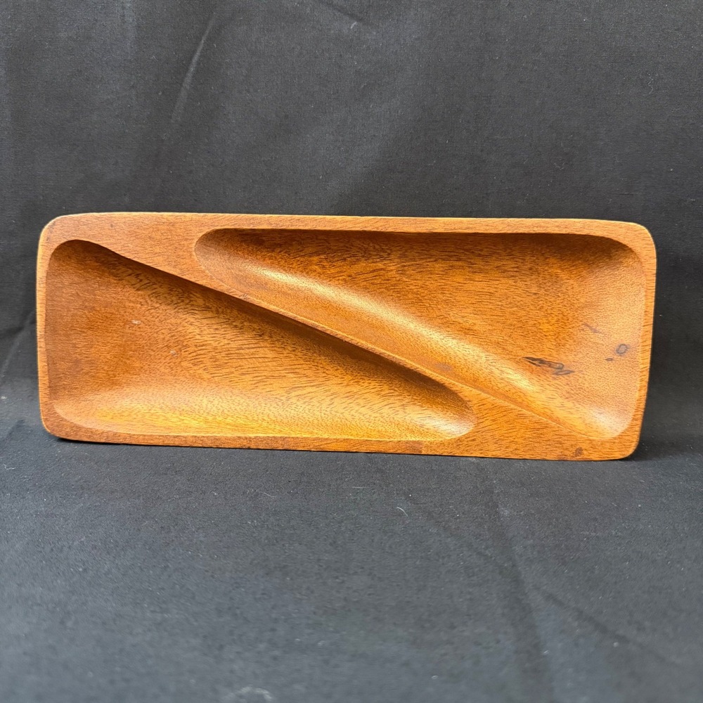 Vintage Mid Century Monkey Pod Wood Divided Serving Tray Leaf Candy Nut Dish